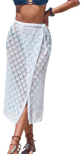 CUPSHE Dam Sarong Coverups virkad stickad strandkjol självknytande badkläder midi wrap kjolar, Vitt, M