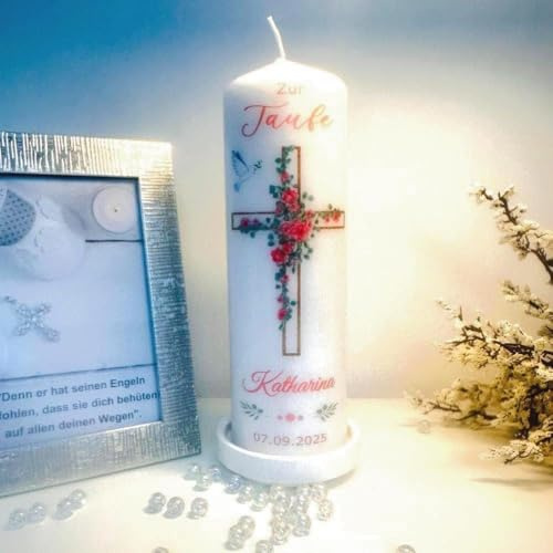 Taufkerze Mädchen, und Jungen mit Taufspruch, Blumen Kreuz 25 cm x 8 cm, personalisierte Kerze, bedruckte Kerze zur Taufe, Stumpenkerze zur Taufe, Patenkerze,individuelles Taufgeschenk.