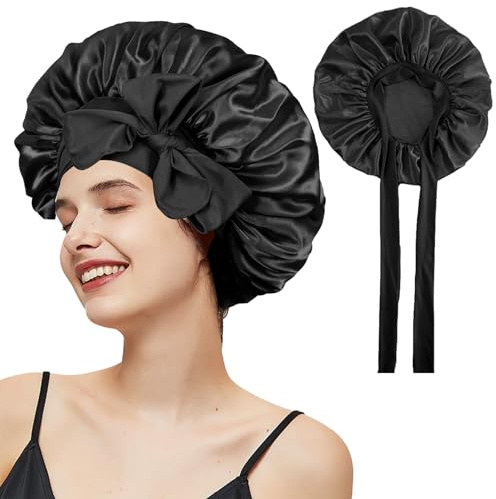 BinXiaoQin Satin Schlafhaube Seide,Schwarz Satin Bonnet Seide Haube,Satinhaube zum Schlafen Schlafmütze Damen,Verstellbare Haar Haube zum Schlafen für Locken