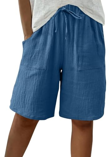 HOOUDO Linen Shorts for Women UK Summer Knee Length Bermuda Shorts Baggy Straight Wide Leg Ladies Short Pants Casual Drawstring Beach Tracksuit Bottoms with Pockets