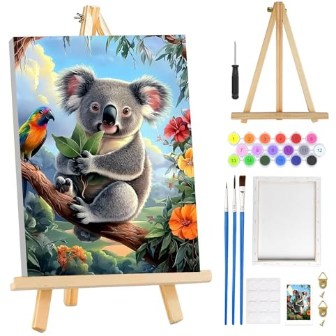 MOGTAA Koala - Pintura por números para adultos principiantes con marco, pintura de flores por números para adultos con caballete, kits de pintura al óleo para decoración del hogar, 8 x 12 pulgadas