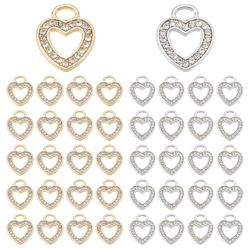 CRAFTYMELODY 60 Stück 2 Farben Herzanhänger Gold Silber Liebesanhänger Strass Hohlanhänger Metall Glänzende Anhänger Diamantanhänger Zur Schmuckherstellung