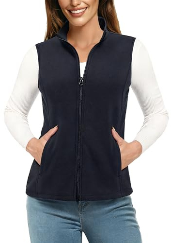 TACVASEN Gilet Polaire pour Femmes Veste Sans Manches d'Extérieur Gilet Polaire Chaud Col Montant avec Poches Zippées Vest de Sport Noir, L