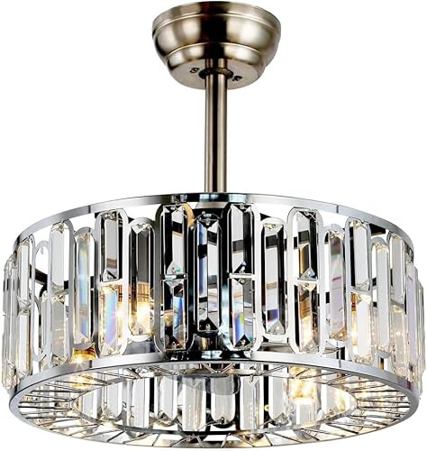 18 Bladeless Crystal Ceiling Fan with Light & Remote 3 Speed Industrial Fandelier Chandelier for Modern Farmhouse Bedroom Black Enclosed Design