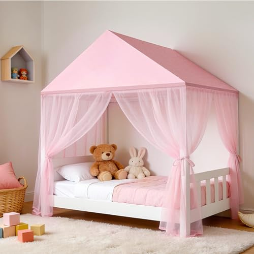 GFCC Rosa Hausbett Himmel für Dreieckigem Dach Hausbett–209x100x160cm | Prinzessinnen Betthimmel Hausbett für Mädchen Hausbett Deko Moskitonetz Baldachin für Kinderzimmer Deko