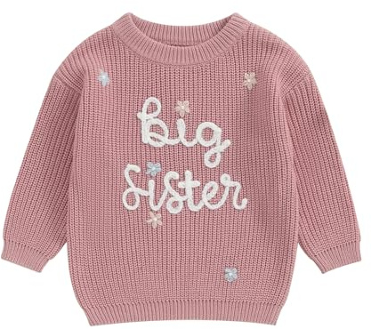 Haomibacu Little Kid Baby Girls Fall Winter Knitwear Letter Floral Embroidery Big Sister Jumper Long Sleeve Pullover Top Warm Sweater (Rose Red White, 18-24 Months)
