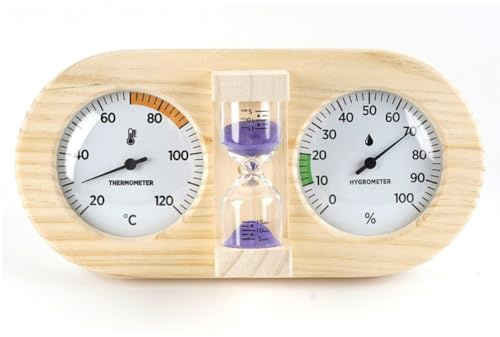 Kiefernholz Sauna Thermohygrometer mit 20-120°C Temperatur und 0-100% Luftfeuchtigkeitsmessung, ±2°C Genauigkeit, ±5% RH, 15-Minuten-Sanduhr-Timer und Wandmontage-Design für den Heimsauna-Gebrauch