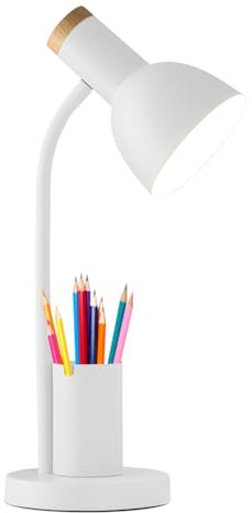 LED Schreibtischlampe mit Stifthalter, Metall-Studienlampe, 3 Farbmodi Kinder Schreibtischlampe, LED Leselampe für Schlafzimmer, Arbeitszimmer, Kinderzimmer, E27 Sockel Lesen neben Lampe (Weiß)