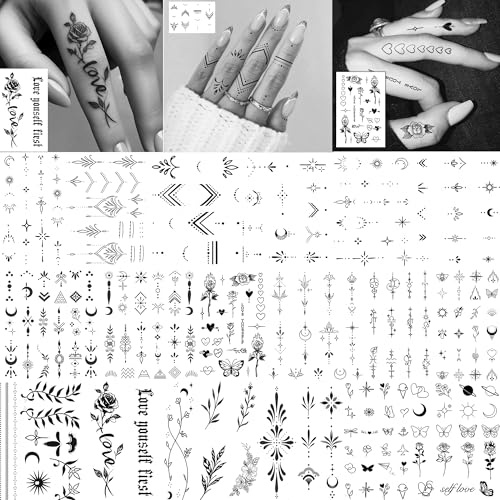 18 Sheets Fashion Y2K Geometric Lotus Arrow Temporary Tattoos For Men Women Adults Finger Hands, Waterproof Realistic Tiny Rose Flower Leaf Fake Tattoos Black Small Butterfly Sun Moon Tatoo Stickers