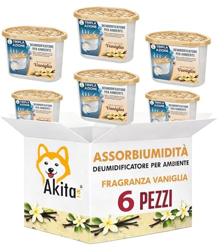 AkitaInk Deumidificatori Profumati per Ambienti - Set da 6 Pezzi Assorbiumidità per Casa, Bagno e Armadi, Azione Antiumidità e Deodorante - Disponibili in Diverse Fragranze (Vaniglia)