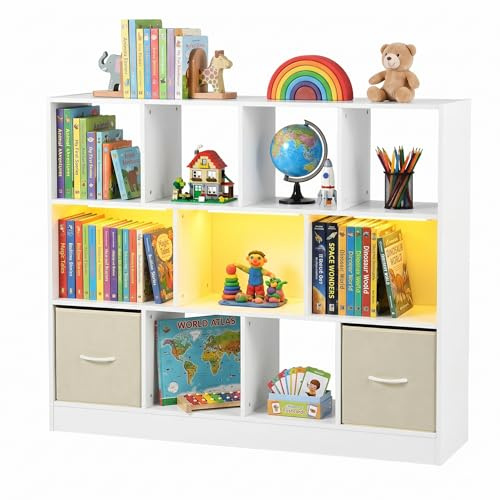 Kinderregal Spielzeugregal mit Boxen,11 Fächern,LED,Kinderzimmer Regal Kinder Bücherregal,Spielzeug Organizer Weiß,Kinderschrank Kinder Kommode Möbel mit 2 schubladen aus Vliesstoff für Kinderzimmer