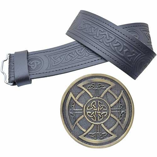 Set di cintura e fibbia, da uomo, in pelle goffrata, con fibbia a nodo celtico, finitura in ottone antico, accessorio tradizionale per abiti delle Highland, Ottone Antico, Large, 38-42 Inch