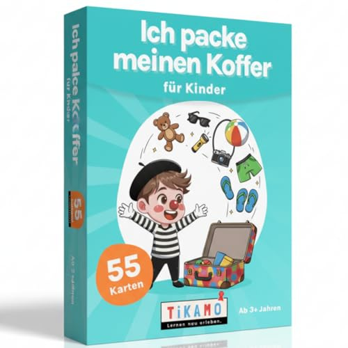 TiKAMO Ich packe Meinen Koffer Kinderspiel - Familienspiel & Gedächtnisspiel - Reisespiel für Auto & Urlaub - Geschenkidee für Mädchen & Jungen - Spiele ab 3, 4, 5, 6, 7, 8, 9 Jahre