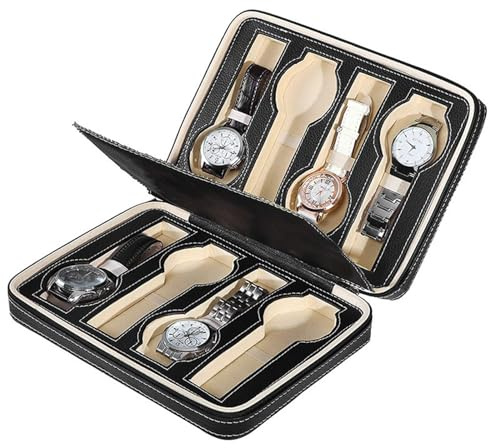 Guolich Uhr Aufbewahrungsbox 8 Slots Uhr Display Display Halter PU-Leder Kohlefaser Schmuck Armband Kollektion Organizer mit Reißverschluss (Schwarz-1)