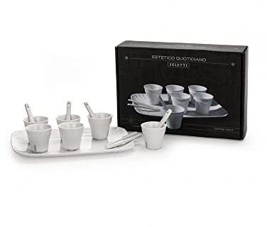 Set: 6 Bicchierino Caffe'+6 Palettine+1 Vassoio Cm.18,5X27 In Porcellana