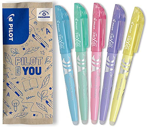 PILOT - 5er-Set Frixion Light Soft - Radierbarer Textmarker - Pastellfarben: Pastellblau, Grün, Violett, Gelb, Pink - Keilspitze für feine oder breitere Linien