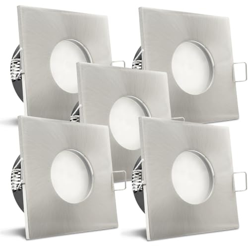 trendlights24 V2 IP65 LED Bad Einbaustrahler flach 5W dimmbar 230V 5er Set | Edelstahl Optik, eckig, Einbautiefe 35 mm, Warmweiß, 3000k, 110°, Decken Einbauspots, Feuchtraum, außen, LED austauschbar