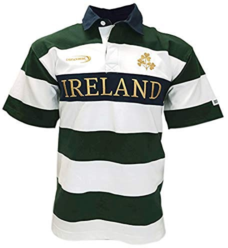 Lansdowne Irland Bottle/White/Gold gestreiftes Rugby Shirt mit kurzen Ärmeln Flaschengrün/Weiß/Goldstreifen