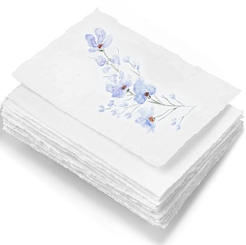 Wanderings Papier Coton A5 Blanc Fait Main à Bords Frangés - Pressé à Froid - Peinture, Aquarelle, Écriture, Impression, Cartes, Invitations, Menus, Arts Créatifs - Lot de 50, 150 GSM - 15x21 cm