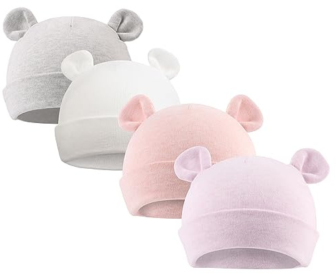 XIAOHAWANG Babymütze für Neugeborene, Baumwolle, gestreift, niedlich, Bärenohren Gr. 0-6 Monate , Grau & Pink (Hut + Handschuhe).