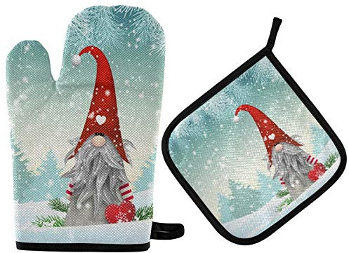 Traditioneller skandinavischer Weihnachtswichtel mit dem Namen Tomte stehender Ofenhandschuhe & Topflappen-Set, Küchendekoration, Winter, hitzebeständige Handschuhe und Topflappen, 2 Stück, recycelt
