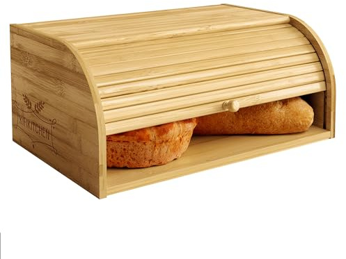 KIFIKITCHEN Bamboo Bread Box Space Saving Rustic Roll-Top Bread Bin for Countertop - Store Bread Cake and Baked Goods - 15 x 9.8 inches (Sliding door)