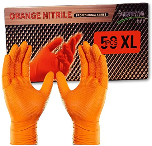 Supreme TTF Extra Strong 8.0 mil Thickness Orange HD Nitrile Powder Free & Latex Free Diamond Grip Gloves Box of 50 Gloves (Orange, Medium (Size 8))