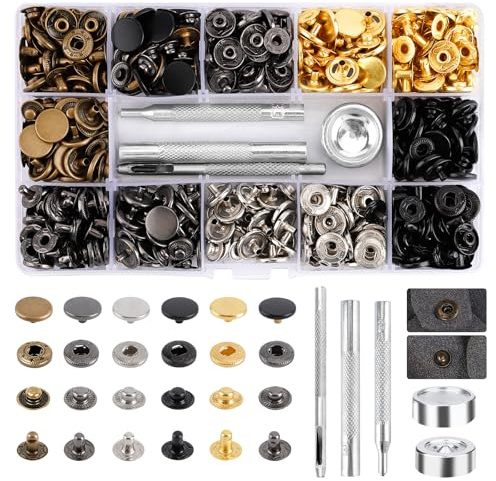 Corchetes de Presión Metálicos,154 Pcs Botones de Presión,Remaches de Cuero,Remache de Doble Tapa,6 Colores Kit de Herramienta de Botón Snap Metal Artesanía para Ropa/Cuero/Vaquero/Bolsos