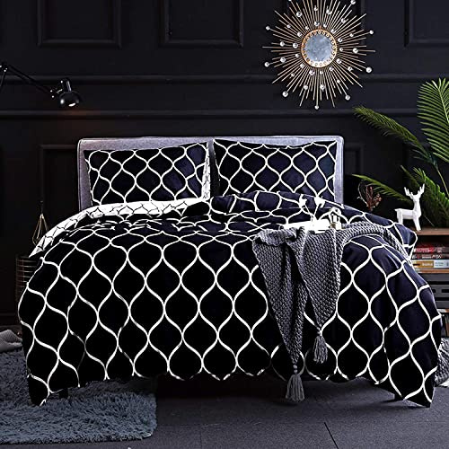 Luofanfei Housse de Couette 140x190 Noir et Blanche 1 Personne Parure de lit Géométrique Motif Adulte Ensemble Literie Modern Linge de Lit avec Fermeture éclair et 1x 65x65cm Taie d'oreiller