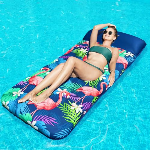 FindUWill Oversized Pool Floats Adults - 72 x38'' X-Large Fabric Covered Tanning Pool Lounger, Inflatable Pool Float with Headrest, Ultra-Comfort Pool Floaties Raft Lake Beach Float(XL, Flamingo)