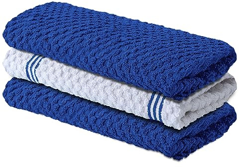 Infinitee Xclusives Premium Kitchen Towels – Pack of 3, 100% Cotton 15 x 25 Inches Absorbent Dish Towels - 425 GSM Tea Towel, Terry Kitchen Dishcloth Towels- Blue Dish Cloth for Household Cleaning | 100% Cotton, Highly Absorbent Tea Towels - Lint Free, Soft, Durable & Quick Dry, Ideal for Drying Dishes & Kitchen Cleaning