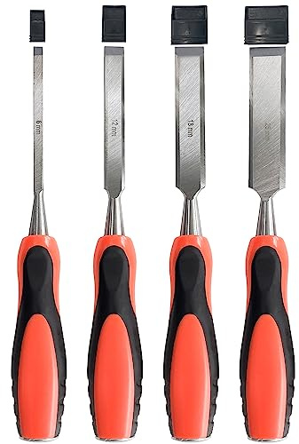 Socpuro Wood Chisel Tool Set 4 Pcs Sturdy CR-V Steel Chisels 1/4, 1/2, 3/4, 1 Wood Chisels with Hardened Strike Cap for Woodworking Carving