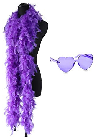 Federboa, 2M Bunte Feder Boas mit randlosen Sonnenbrillen, Federboa Fancy Kleid für tanzende Hochzeitspartys, Feder Boas Zubehör Kostüm Karneval für Tanzende Hochzeitspartys Cosplay Mottoparty (Lila)