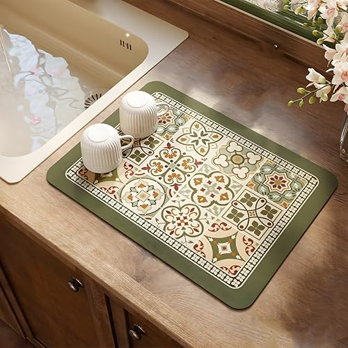 Lilithmanor Coffee Mat, Boho Style Dish Drying Mat, Fast Water Absorption, Hide Stains, Easy to Clean, Fit Coffee Bar Accessories, Bar Mats for Countertop (12x19, Green)