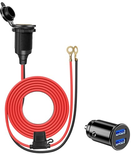 Giantdeer 2M 12V Heavy Duty Zigarettenanzünder Buchse zu O Ring Terminal，Wasserdichte 12V Zigarettenanzünder Steckdose mit Verlängerungskabel, 14AWG 20A kabel, Dual USB Mini-Ladegerät für Auto/Boot