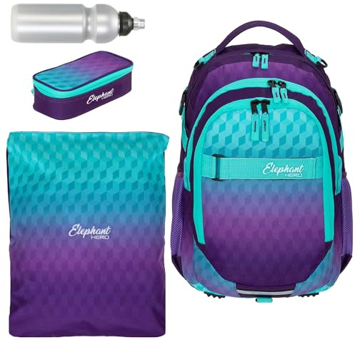 Elephant Schulrucksack 4 Teile Set Hero Rucksack 12868 Violet Cube rtmf | Signature Jungen Mädchen Schultasche mit Sportbeutel Turnbeutel Mäppchen Flasche lila türkis