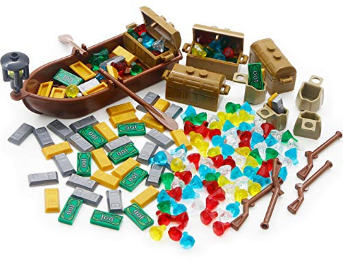 Piratenschatz Bausteine Ergänzungsset, Gold Schatztruhe und Schiff mit Goldbarren, Silberbarren, 100 Dollarschein Bargeld, Diamanten,Gewehre, Spielzeuge Kompatibel mit Großen Marken Piraten figuren