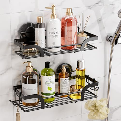 TAILI Shower Caddy Suction Cup, 2 Pack Shower Shelves for Inside, Black Rustproof Metal Bathroom Storage NO-Drilling Bathroom Organizer with Large Capacity, Heavy Duty Storage Basket, Black