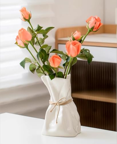 FOWSEEK 19,1 cm weiße Keramikvase, unregelmäßige Blumenvase, Moderne Kunst, dekorative Vase für Blumen, einzigartige Papiertütenvase für Zuhause, Büro, Tafelaufsätze, Eingangsbereich, Bücherregal,