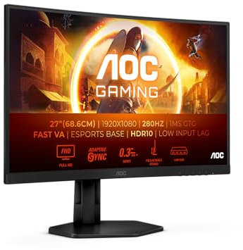 AOC Gaming C27G4ZXU Monitor curvo FHD da 27 pollici, 280 Hz, 0,3 ms, FreeSync Premium, HDR10 1920x1080, 2x HDMI, DisplayPort, USB Hub Regolabile, nero/grigio, 27 pollice FHD Curvo, Fast VA