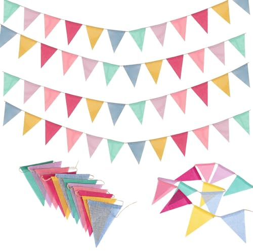 Cosymate 4 Stück Wimpelkette Outdoor Wetterfest, 16M 48 Flaggen Wimpel Girlande, Wetterfest Stoff Draußen, Wimpelkette Geburtstag für Girlande Klassenzimmer Deko, Schulfest, Hochzeit, Festival, Party