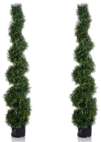 MDAL 5FT Artificial Spiral Cypress Tree,Topiary Trees Artificial Outdoor-Indoor Outdoor Decor - Plastic Pots - Set of 2