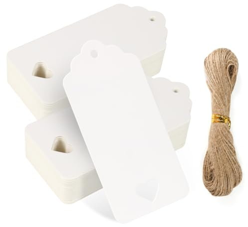 FOMGIIN Kraft Paper Gift Tags, 50 Pcs White for Crafts, Easter, Christmas, Lovely Labels, Heart Wedding Hollow Favour Name Tag With 30M Jute Twine String