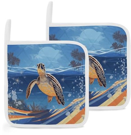 Topflappen mit Tasche, hitzebeständig, für Arbeitsplatten, Ofen, Topflappen, Schildkröte am Strand, waschbar, Untersetzer, für Küche, Kochen, Backen, 20,3 x 20,3 cm, 2 Stück