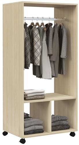 HOMCOM Armario Ropero con Ruedas Estantes Abiertos 60x40x128 cm Natural | Armario para Ropa, con Barra, Organizador para Colgar Ropa, Dormitorio