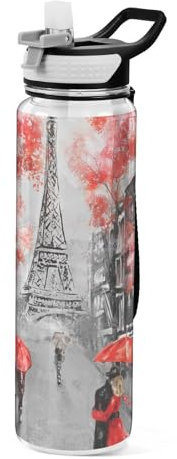 Mnsruu Transparente Sport-Wasserflasche mit Strohhalm, auslaufsichere Trinkflasche, europäischer Paris Eiffelturm, Fahrradflaschen für Sport, Büro, Schule, BPA-freier Tritan-Kunststoff, 1 Liter