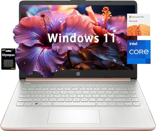 HP 14 HD Student Business Laptop, Intel Quad-Core N4120, 16GB RAM, 384GB Storage, (128GB eMMC+256GB SD Card), 1 Year Office 365, Slim Design, Webcam, HDMI, Bluetooth, WiFi, Win 11 S, Rose Gold