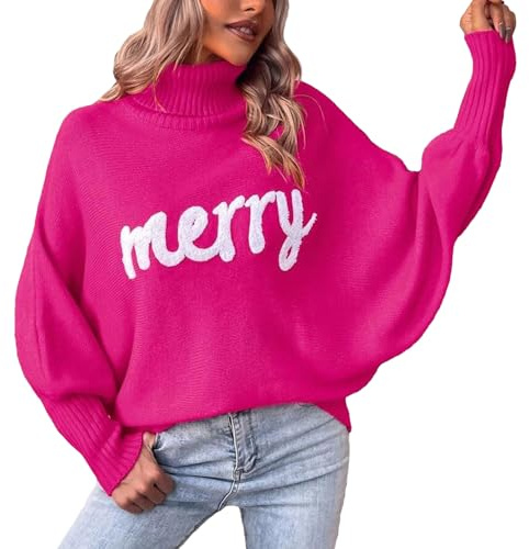 Jamron Mujer Merry Christmas Jerséis Invierno Cálido Cuello Vuelto Manga Murciélago Suéteres