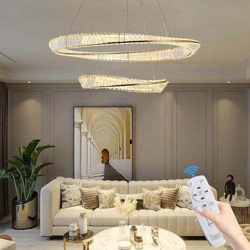 WOQuju Moderner LED mit Fernbedienung goldene 2 Ring Kristallleuchter, große luxuriöse Pendelleuchte Lange Kronleuchter für hohe Decken Treppenhaus Eingangsbereich Foyer Eingangsbereich Wohnzimmer