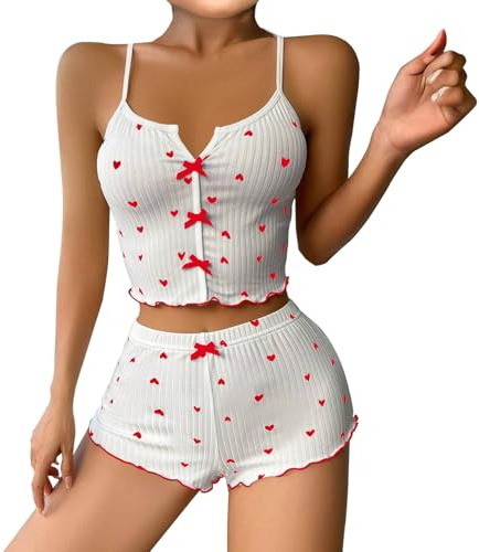 Azruma Warehouse Deal, Pyjama Set Schlafanzughosen Für Damen Schlafanzug Damen Valentinstag Zweiteiliger V-Ausschnitt Kurz Pyjama Set Damen Schlafanzug Zum Knöpfen Seiden Pyjama Frauen(Rot,M)